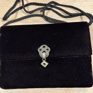 Y&S Original Black Velvet Evening Bag with Art Deco Rhinestone Clasp, Cord Strap